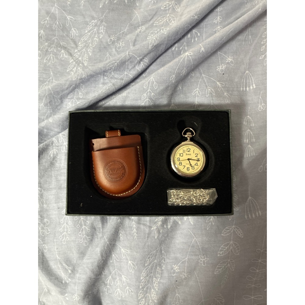 Dakota Pocket Watch Compass Silver Tone Japan Quartz Brown Leather Pouch Box Set